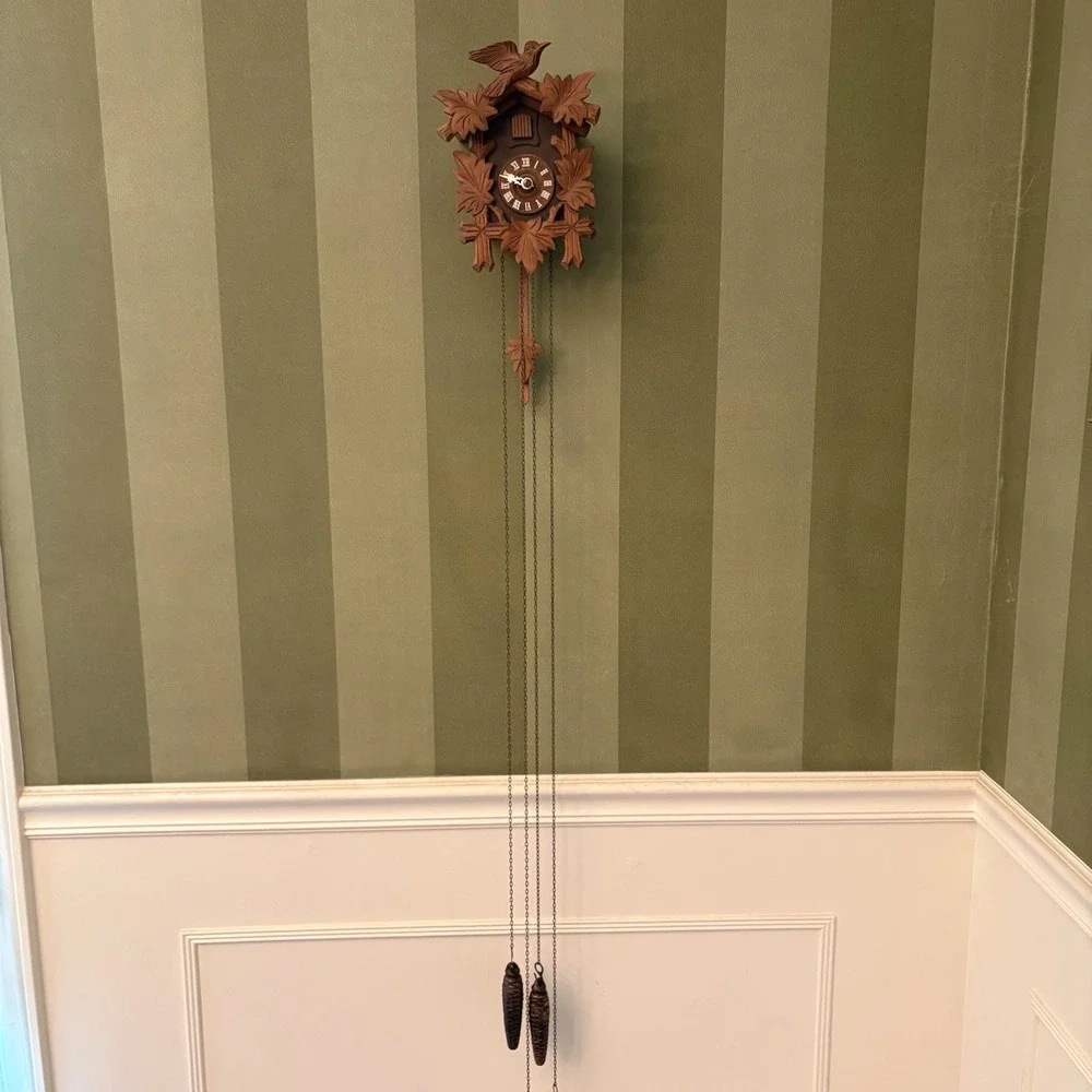 Vtg Herbert Herr Cuckoo Clock Working Wood Black Forest Bird Leaf Brown